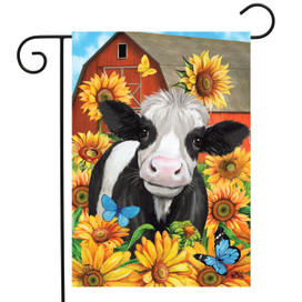 Briarwood Lane Happy Cow garden flag with colorful cow, sunflowers, and butterflies in a farm scene.