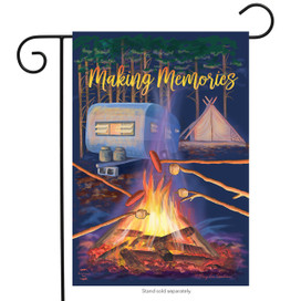 Briarwood Lane Making Memories Fall Garden Flag with camping scene and yellow text on dark background.