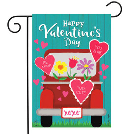 Briarwood Lane small pink and red Valentine's Day garden flag with hearts and colorful truck design.