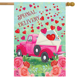 Briarwood Lane Valentine's Delivery House Flag with pink truck, hearts, and roses for romantic display.