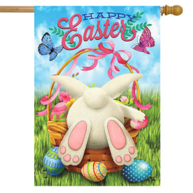 Briarwood Lane Easter Egg Hunt House Flag with colorful bunny, eggs, and butterflies on bright background.