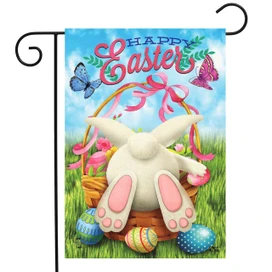 Briarwood Lane Easter Egg Hunt Garden Flag with white bunny, eggs, and colorful Easter design.