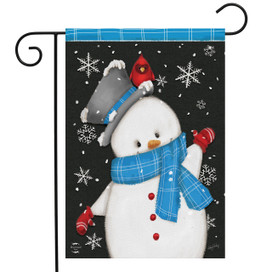 Briarwood Lane Jolly Winter Snowman Garden Flag with snowflake design, colorful, cheery, and festive winter decor.