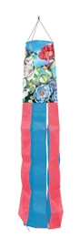 Briarwood Lane windsock with hummingbird trio, blooming red and white roses, and floral design.