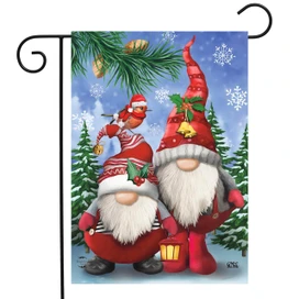 Briarwood Lane Winter Gnomes Christmas Garden Flag, colorful gnomes in festive winter scene on small flag.