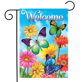 Briarwood Lane Fluttering Butterflies Spring Garden Flag with colorful flowers and butterflies on a bright background.