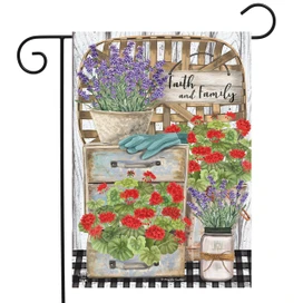Briarwood Lane Faith and Family garden flag with colorful spring flowers and Christian quote decoration.