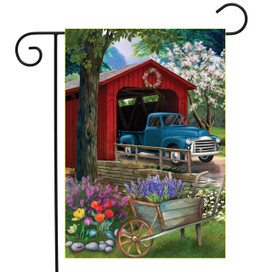 Briarwood Lane small printed garden flag with colorful spring scene of covered bridge and truck.