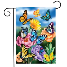 Briarwood Lane small printed garden flag with colorful butterflies and flowers for springtime porch display.