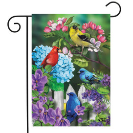 Briarwood Lane garden flag with cardinal, bluebird, goldfinch on colorful spring flowers and fence.