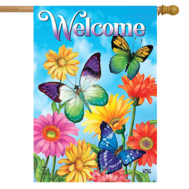 Briarwood Lane spring flag with colorful butterflies and flowers, cheery welcome message for porch or yard.