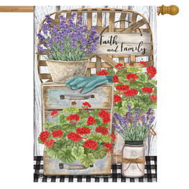 Briarwood Lane Faith and Family Farmhouse Spring House Flag with colorful flowers and Christian quote.
