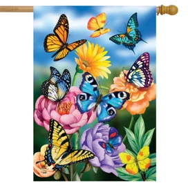 Briarwood Lane spring house flag with colorful butterflies and flowers for a cheery porch display.