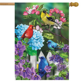 Briarwood Lane spring house flag with colorful birds, flowers, and a white picket fence display.