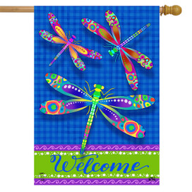 Briarwood Lane colorful dragonfly flag with Welcome message, perfect for spring summer porch decorative display.