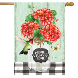 Briarwood Lane's colorful Home Sweet Home garden flag with vibrant red geraniums and cheerful spring decor.