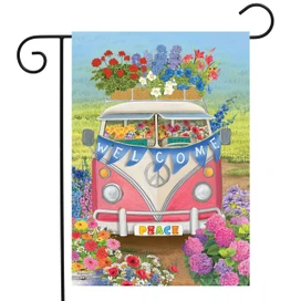 Briarwood Lane Peace Van Floral Spring Garden Flag with colorful flower and bus design on porch.