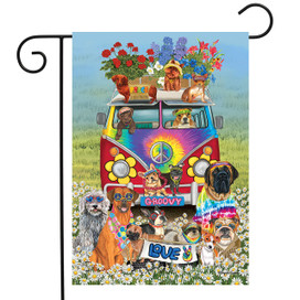 Briarwood Lane Groovy Pups Spring Garden Flag with colorful dogs and Volkswagon bus on decorative fabric.
