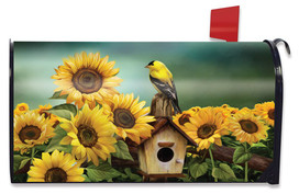 Briarwood Lane Goldfinch and Sunflowers printed mailbox cover with colorful, cheery design for spring and summer.