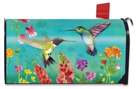 Briarwood Lane Hummingbird Greeting Spring Mailbox Cover with colorful flowers and hummingbirds design.