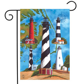 Briarwood Lane Lighthouses Summer Garden Flag with colorful lighthouses on a bright blue background.
