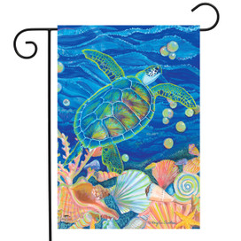 Briarwood Lane colorful sea turtle garden flag with ocean, sand, and seashells for summer display.