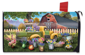 Briarwood Lane Flower Barn Spring Mailbox Cover, colorful printed design with flowers and farm scenery.
