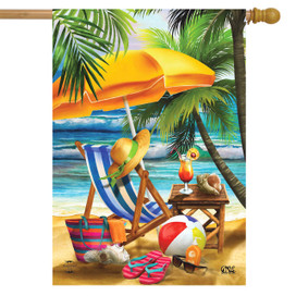 Briarwood Lane Welcome To Paradise Beach house flag with colorful beach scene and palm trees.