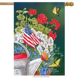 Briarwood Lane American Garden Summer House Flag with colorful flowers, butterflies, and patriotic design.