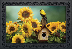 Briarwood Lane Goldfinch and Sunflowers decorative doormat with colorful, cheery spring design on small printed mat.