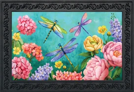 Briarwood Lane Dragonfly Garden Spring Doormat, colorful printed decorative mat with springtime flowers and dragonflies.