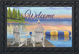 Briarwood Lane Waterfront Retreat Nautical Doormat with lake, sand, and umbrella scene to relax.
