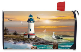 Briarwood Lane Sunset Lighthouse Summer Mailbox Cover with seagulls, sun, and ocean on colorful decorative design.