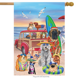 Briarwood Lane Dog Days of Summer House Flag with colorful dogs at a beach on sand.