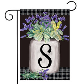 Briarwood Lane Farmhouse Monogram Letter S Garden Flag with colorful flowers and plaid background.