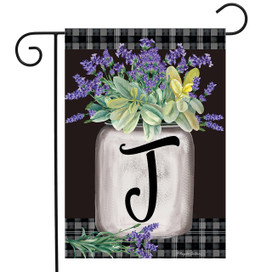 Briarwood Lane Farmhouse Monogram Letter J garden flag with colorful flowers and plaid background.