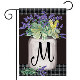 Briarwood Lane Farmhouse Monogram Letter M garden flag with colorful purple flowers and decorative design.