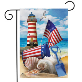 Briarwood Lane Sea To Shining Sea Garden Flag with patriotic American beach scene and lighthouse.