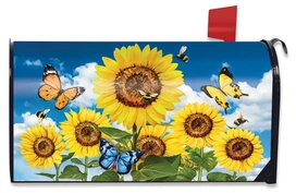 Briarwood Lane large mailbox cover with colorful sunflowers, bees, and butterflies for a cheerful spring display.