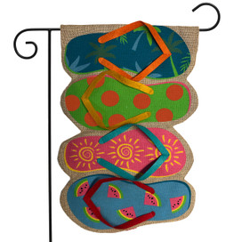 Briarwood Lane summer garden flag with colorful flip-flops, polka dots, sunshine, and watermelon design.