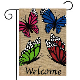 Briarwood Lane burlap garden flag with colorful butterflies and Welcome text on tan background.
