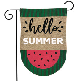 Briarwood Lane double-sided garden flag with watermelon and hello summer, green border, seasonal summer fruit design.