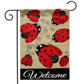 Briarwood Lane Ladybug Gathering Burlap Garden Flag with Welcome text and red ladybugs on beige background.