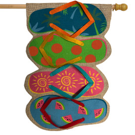 Briarwood Lane summer house flag with colorful flip-flops, polka dots, sunshine, and watermelon designs.