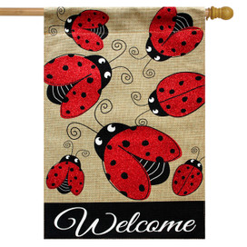 Briarwood Lane burlap house flag with glitter ladybugs and welcome text for spring decor.