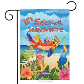 Briarwood Lane 5 O'clock Parrot Summer Garden Flag with tropical beach scene and happy hour drinks.