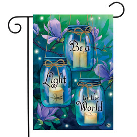 Briarwood Lane spring garden flag with inspirational candles in mason jars and floral background.