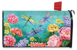 Briarwood Lane Dragonfly Garden Spring Mailbox Cover with colorful flowers and dragonflies on a turquoise background.