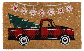 Briarwood Lane Red Checkered Truck Christmas Natural Fiber Coir Doormat 18 x 30 with tree.