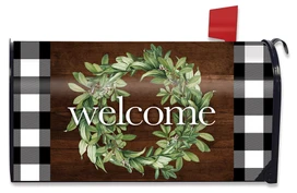 Briarwood Lane Farmhouse Wreath Spring Mailbox Cover with greenery wreath and black and white checkers.